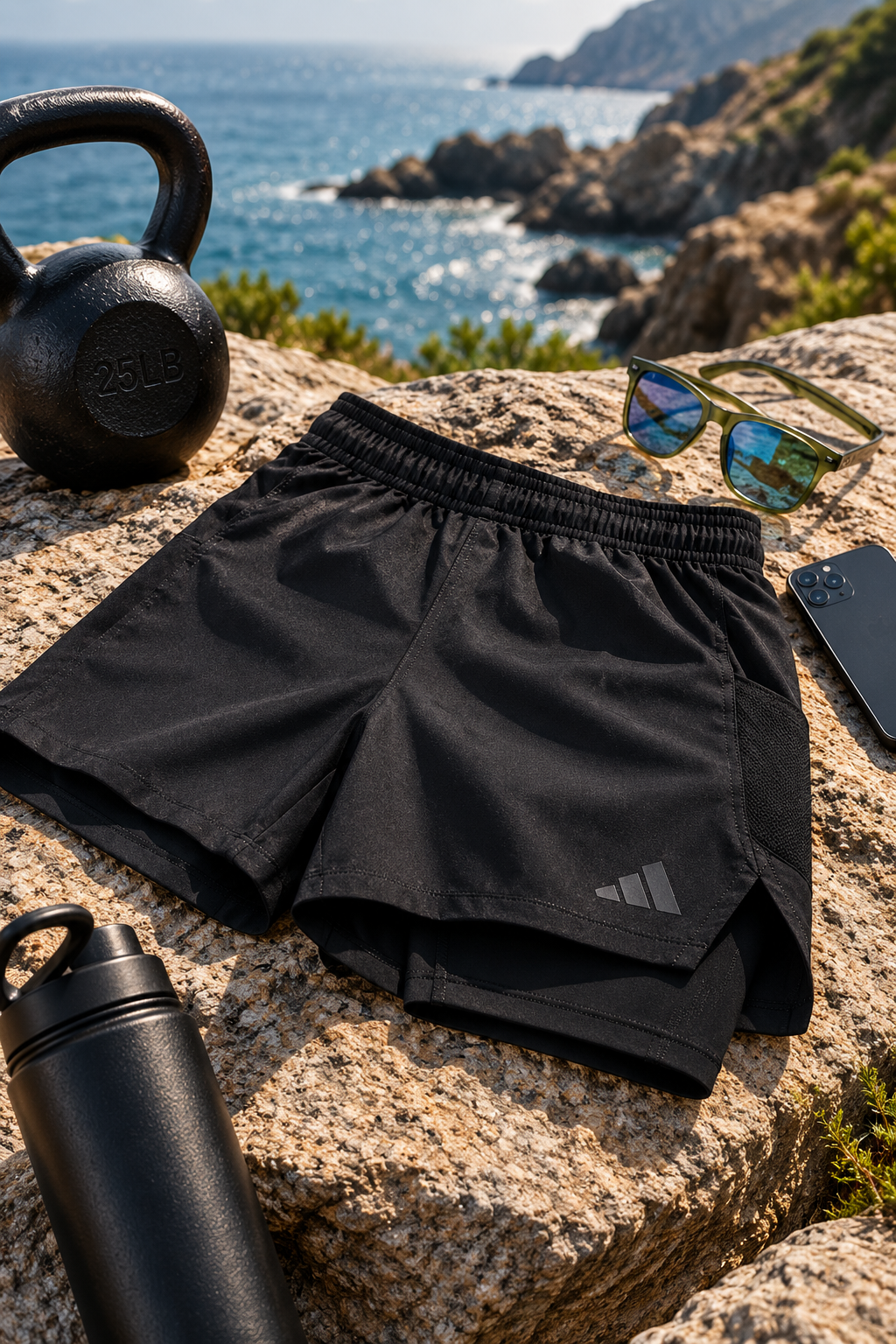 Black men's athletic workout shorts displayed with a kettlebell, shaker bottle, smartphone and gym towel
