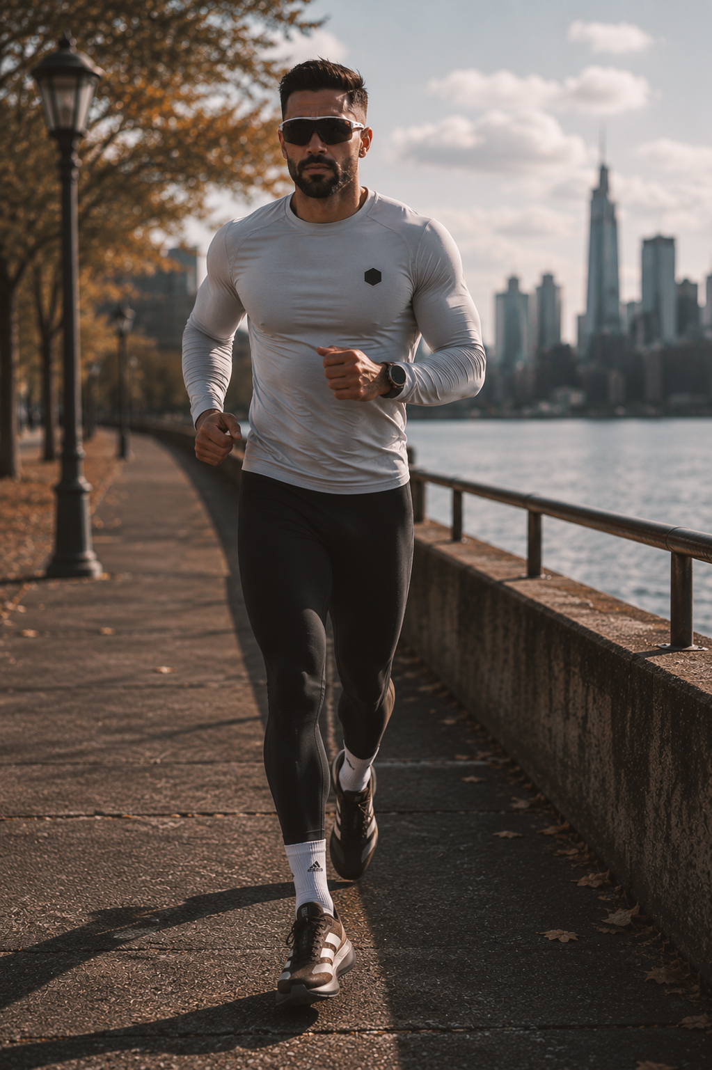 A man with tattoos and a mustache jogs along a wet waterfront path wearing a grey Nike t-shirt, bright red Nike shorts, a black cap, and white Nike running shoes. The Seattle skyline, featuring the Space Needle, is visible in the background under an overcast sky.