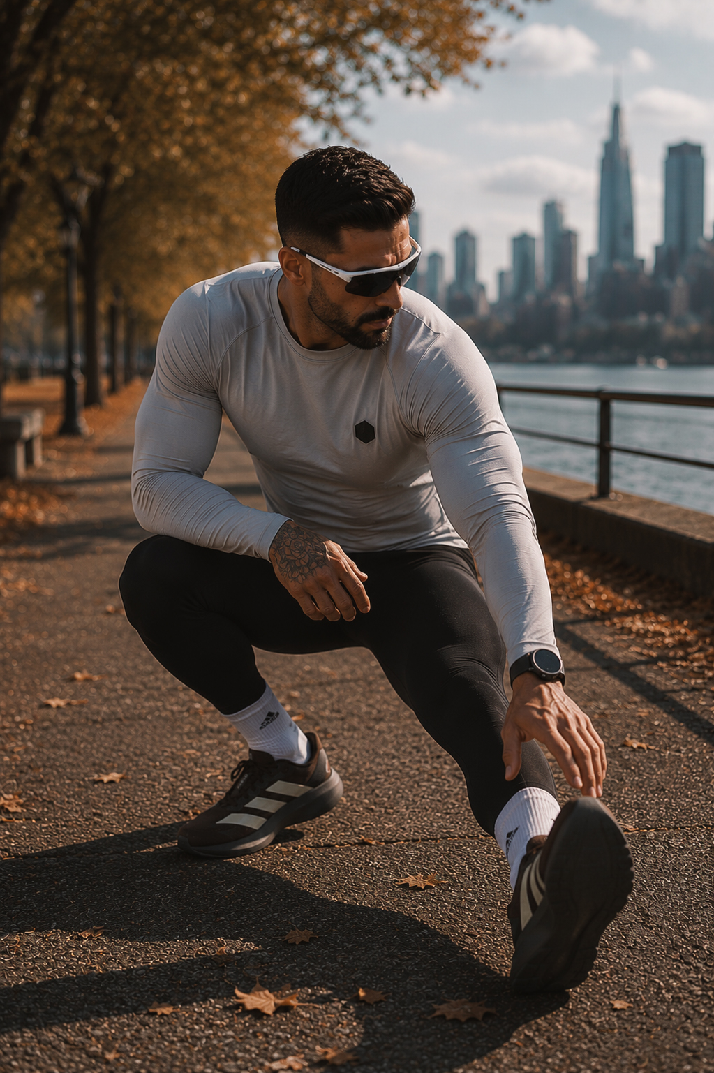 Ryan preparing for a run while wearing brown Adidas Adizero running shoes.