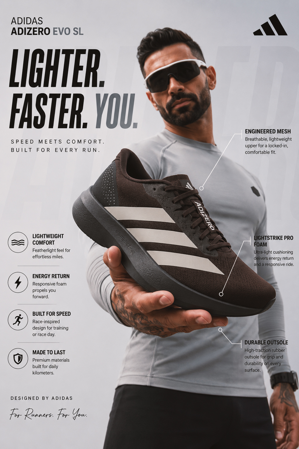 Adidas Adizero Evo SL infographic showing cushioning, upper and running features.