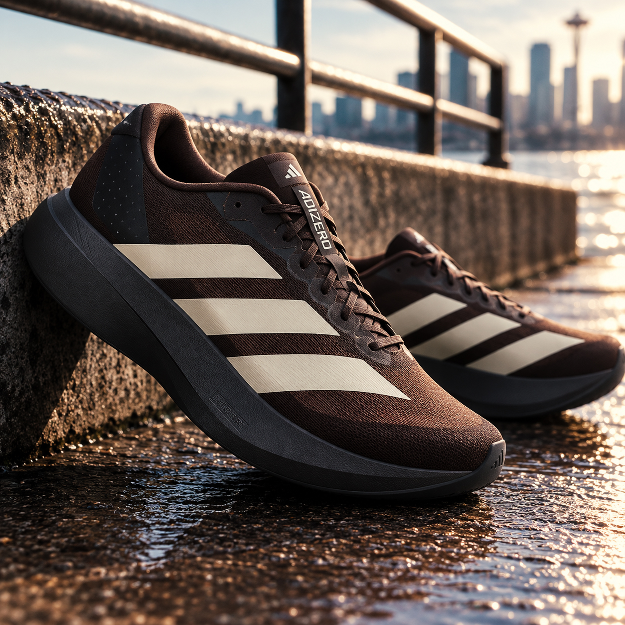 Brown Adidas Adizero Evo SL running shoes photographed outdoors.