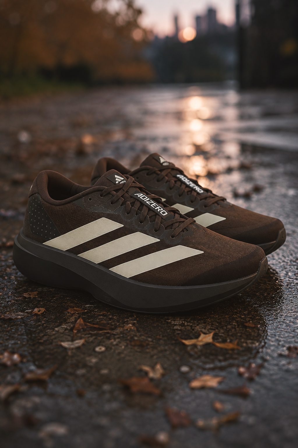Close-up of brown Adidas Adizero Evo SL running shoe during outdoor training.