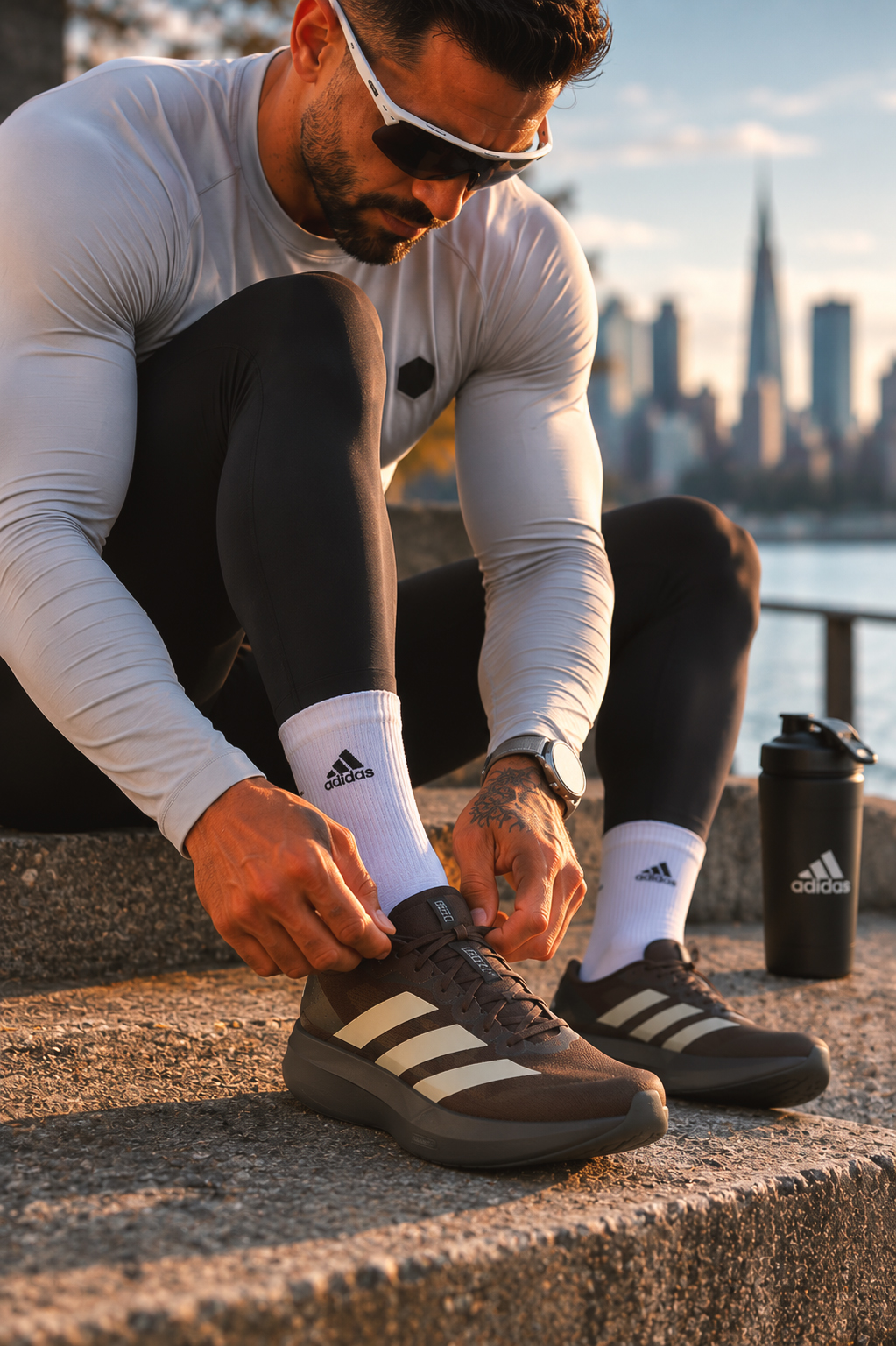 Ryan preparing for a run while wearing brown Adidas Adizero running shoes.