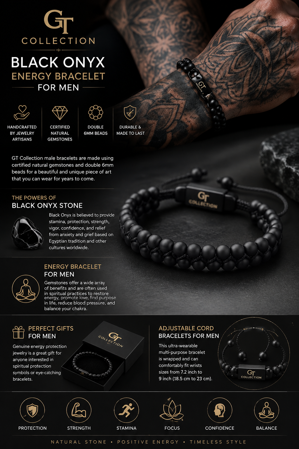 GT Collection black onyx men's bracelet infographic showing natural gemstone beads, adjustable sizing, gift packaging and product features.