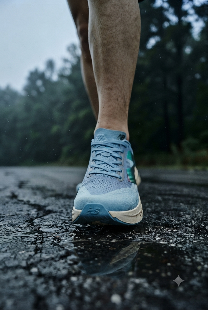 A runner's lower leg and foot wearing a light blue and cream running shoe with a splash of mud on the midsole, striding forward on a wet, rain-slicked asphalt path during a rainy day.