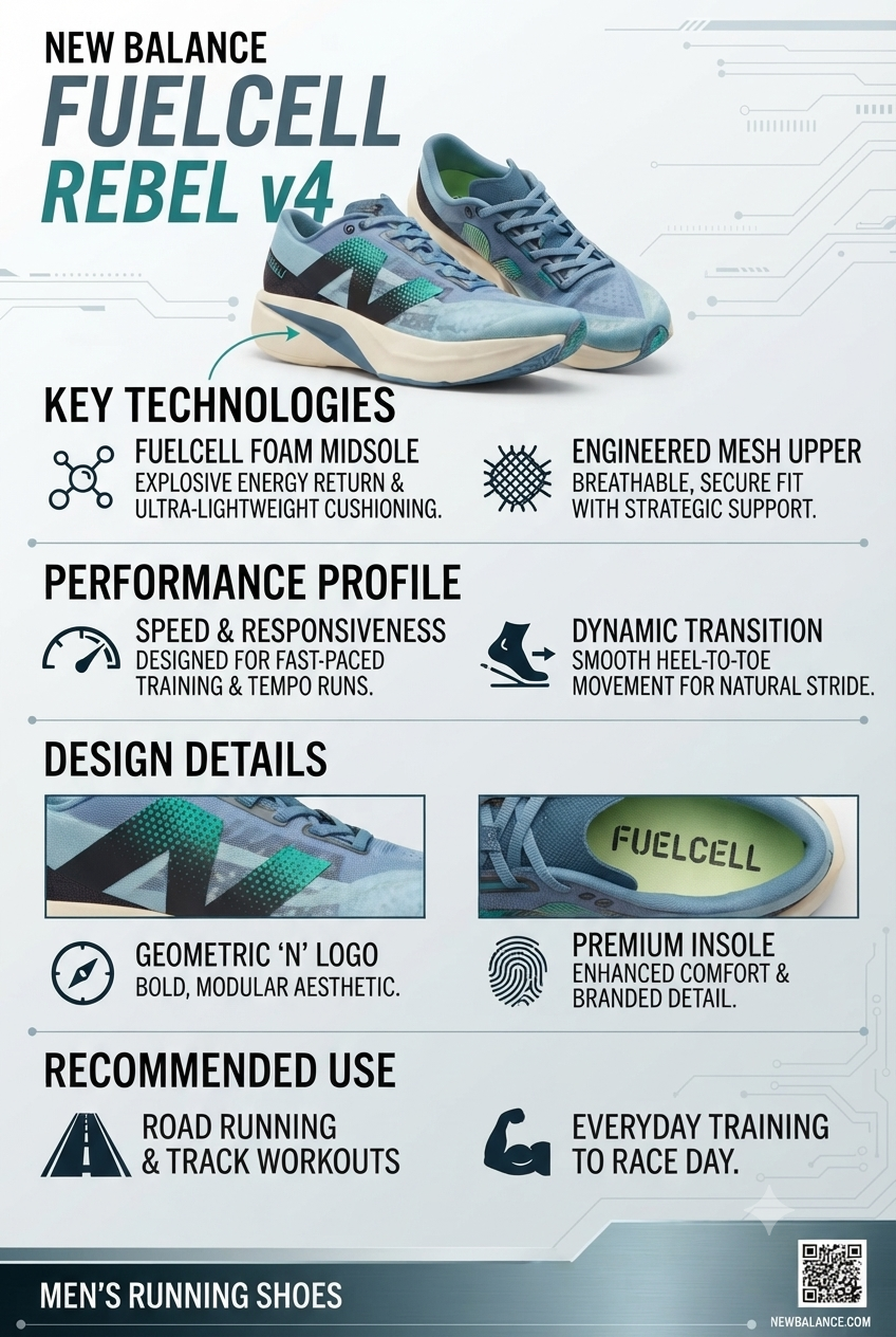 An infographic for the New Balance FuelCell Rebel v4 men's running shoes featuring product photos, technical specifications for the foam midsole and engineered mesh upper, performance profiles, design details like the geometric logo and premium insole, and recommended uses for road running, track workouts, and race day.