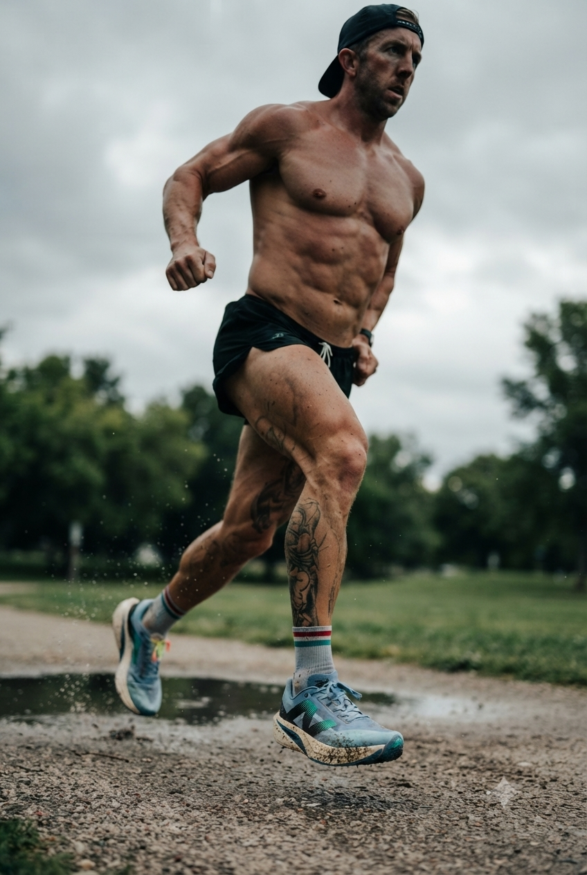 A shirtless male runner wearing a cap, black shorts, and blue running shoes sprinting directly toward the camera on a wet gravel path, splashing through a puddle with trees in the background.