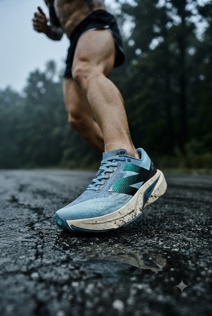 A runner's lower leg and foot wearing a light blue and cream running shoe with a splash of mud on the midsole, striding forward on a wet, rain-slicked asphalt path during a rainy day.