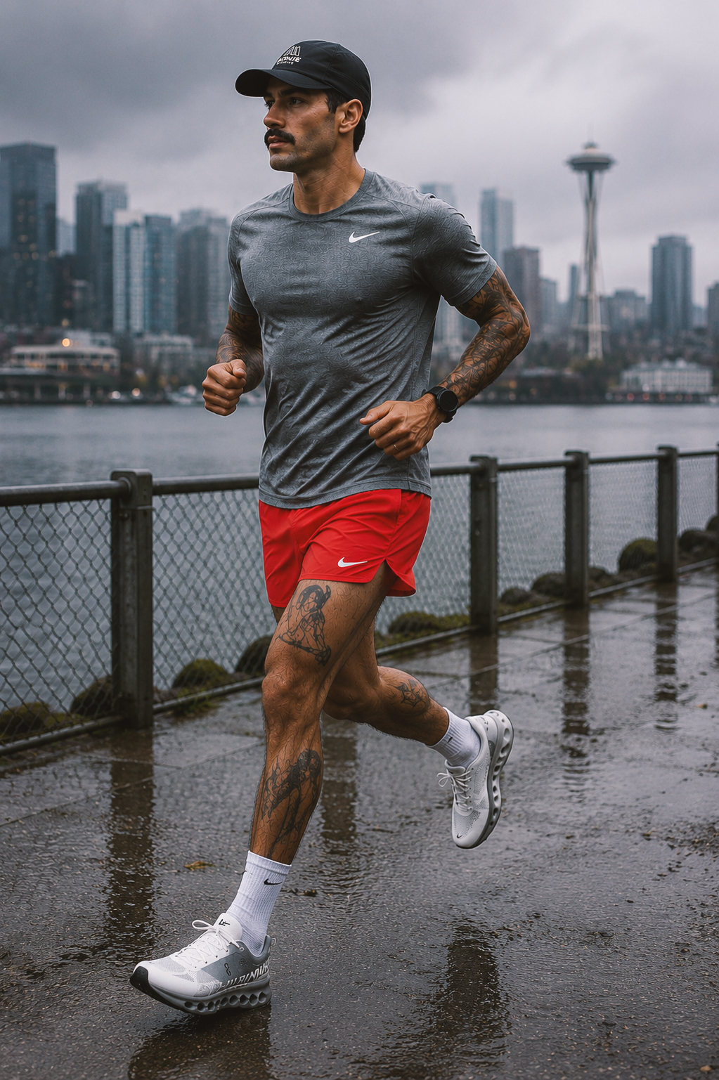 Men's red running shorts outfit with black running cap and white running shoes during a rainy Seattle run.