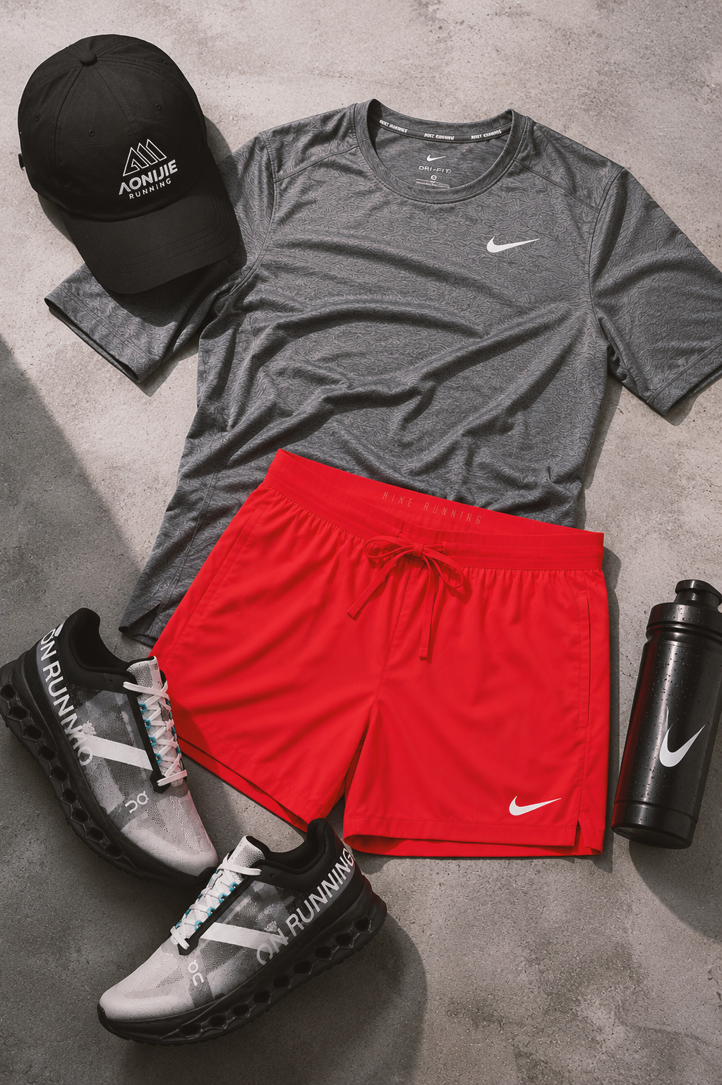 Men's running gear flat lay with red Nike shorts, black running cap and performance running shoes