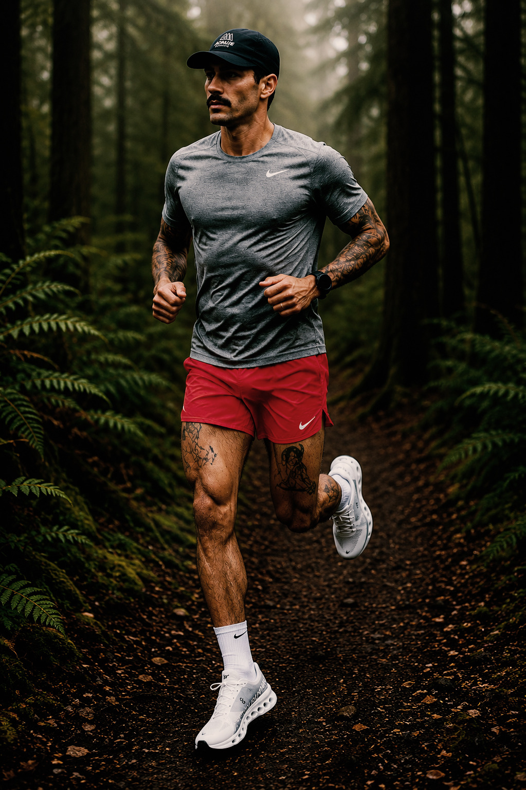 Male trail runner wearing red Nike shorts and black running cap on a forest trail in Washington State.