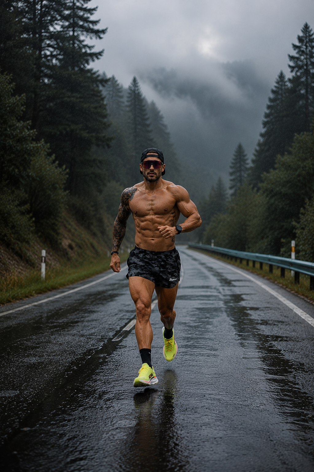 Distance runner wearing neon HOKA running shoes and men's running shorts on a wet mountain road surrounded by misty forest.