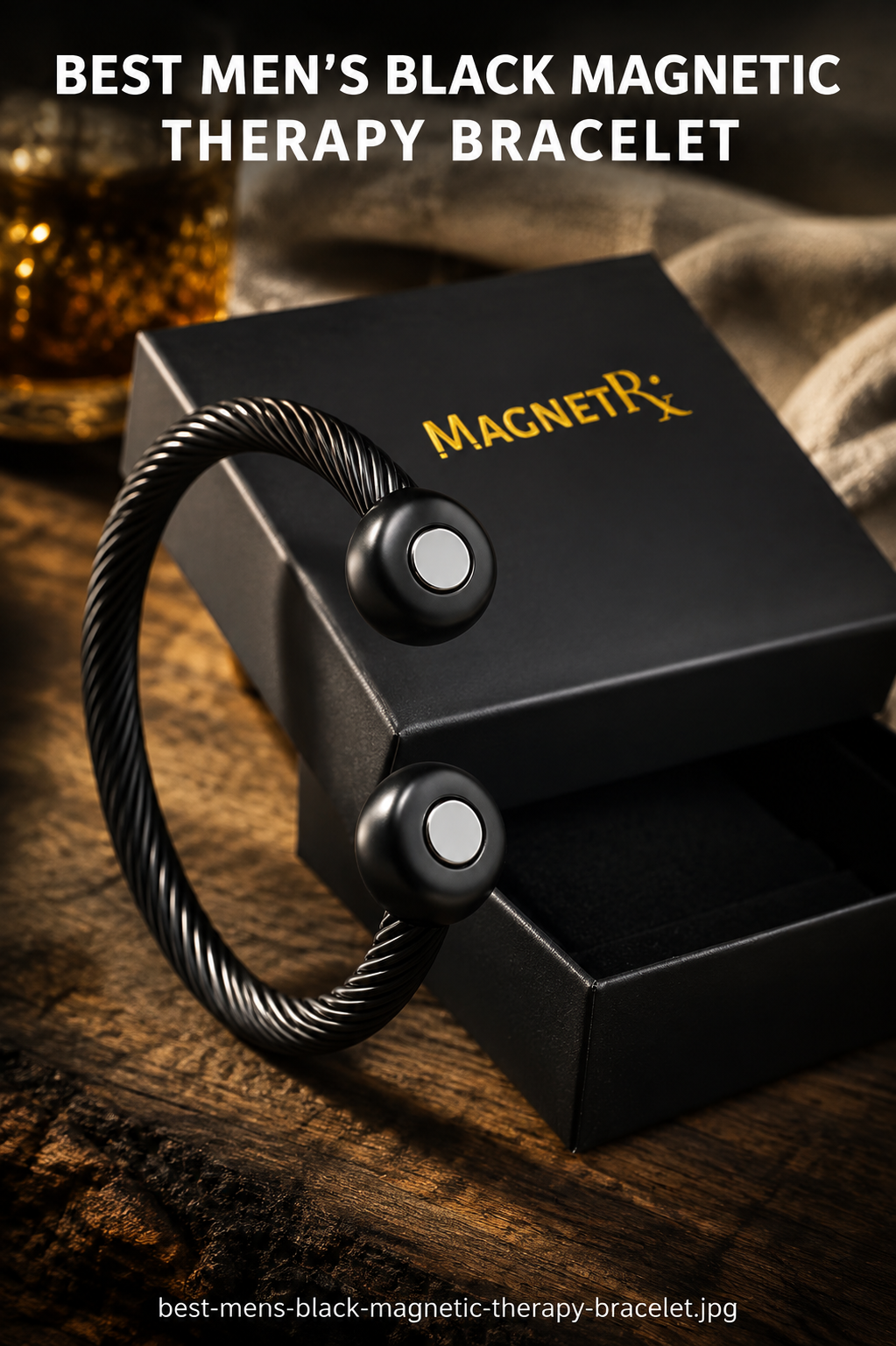 Black twisted cable men’s bracelet with rounded magnetic-style ends displayed on a black jewelry box in a dark, warm editorial setting.
