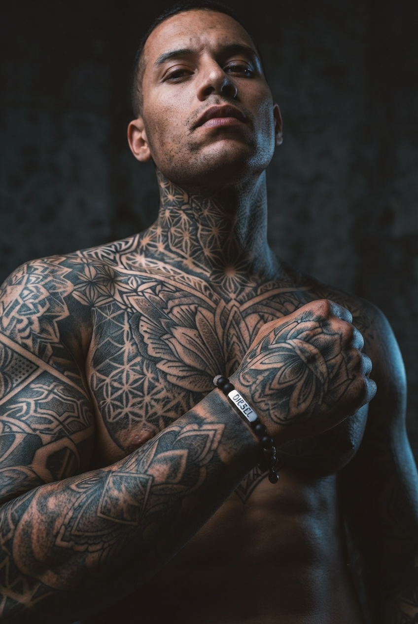 tattto man wearing disel bracelet