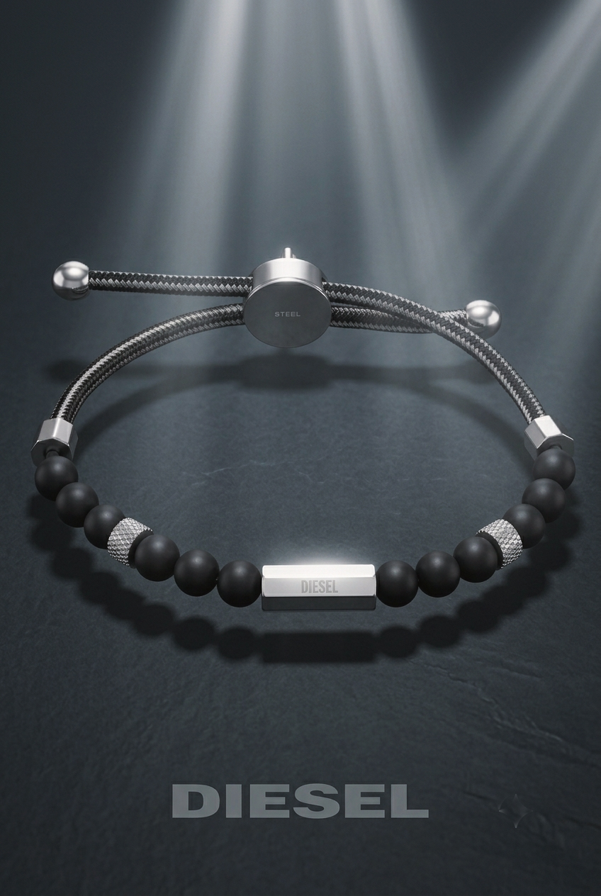 A high-quality product photograph shows a men's Diesel bracelet resting on a dark, textured gray surface, dramatically illuminated by multiple top-down spotlights. The bracelet features black spherical beads and multiple polished silver-tone metal elements. A central silver rectangular bar with a hexagonal cross-section has the word "DIESEL" engraved on its front. It is flanked by two textured silver-tone spherical beads. At the top, a circular silver-tone metal clasp, labeled "STEEL" on its back side, connects a braided dark gray and black cord loop with small ball-end caps. The overall look is modern and edgy, with a large, subtle "DIESEL" logo at the bottom center.