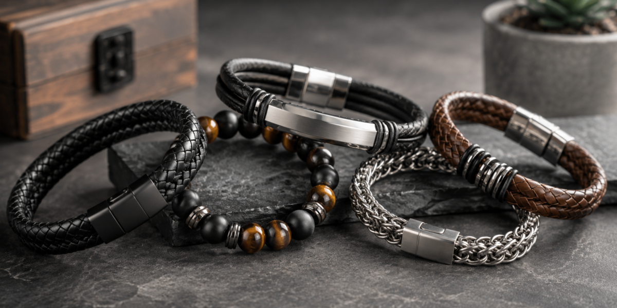 Men’s bracelet collection featuring black leather, brown leather, silver chain, and natural stone bead bracelets displayed on a dark stone surface.