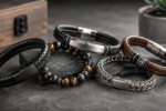 Men’s bracelet collection featuring black leather, brown leather, silver chain, and natural stone bead bracelets displayed on a dark stone surface.