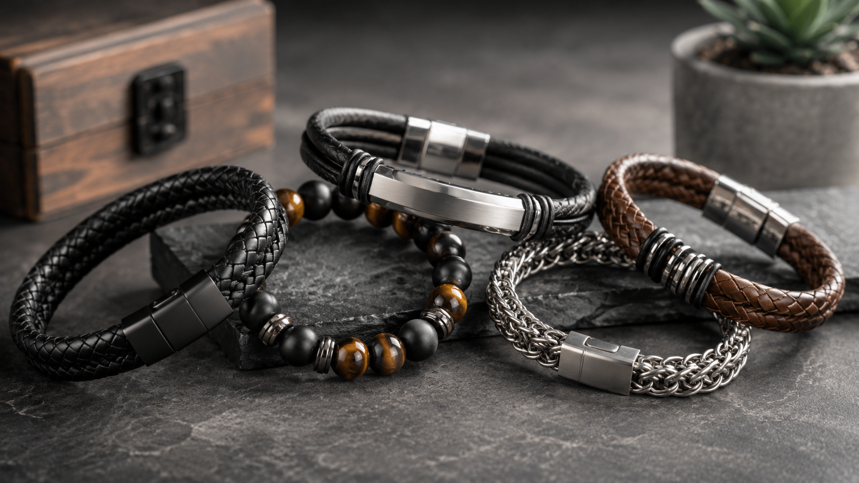 Men’s bracelet collection featuring black leather, brown leather, silver chain, and natural stone bead bracelets displayed on a dark stone surface.