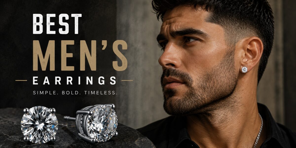 Best men’s earrings featuring silver round-cut stud earrings styled on a male model in a modern masculine jewelry editorial.