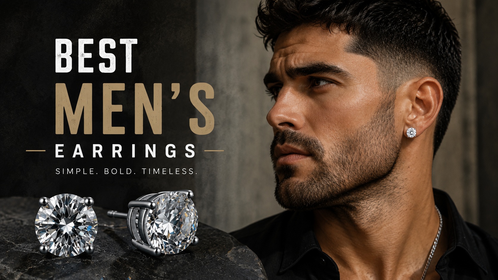 Best men’s earrings featuring silver round-cut stud earrings styled on a male model in a modern masculine jewelry editorial.