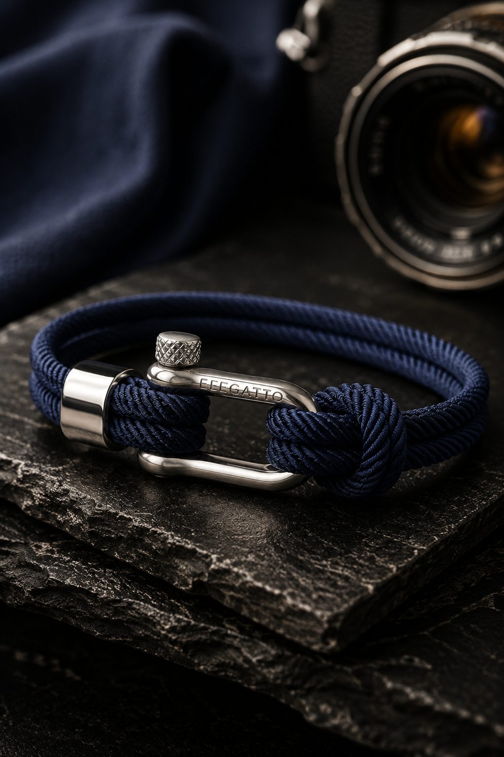 Navy blue braided nautical rope bracelet with polished silver shackle clasp displayed on dark textured stone.
