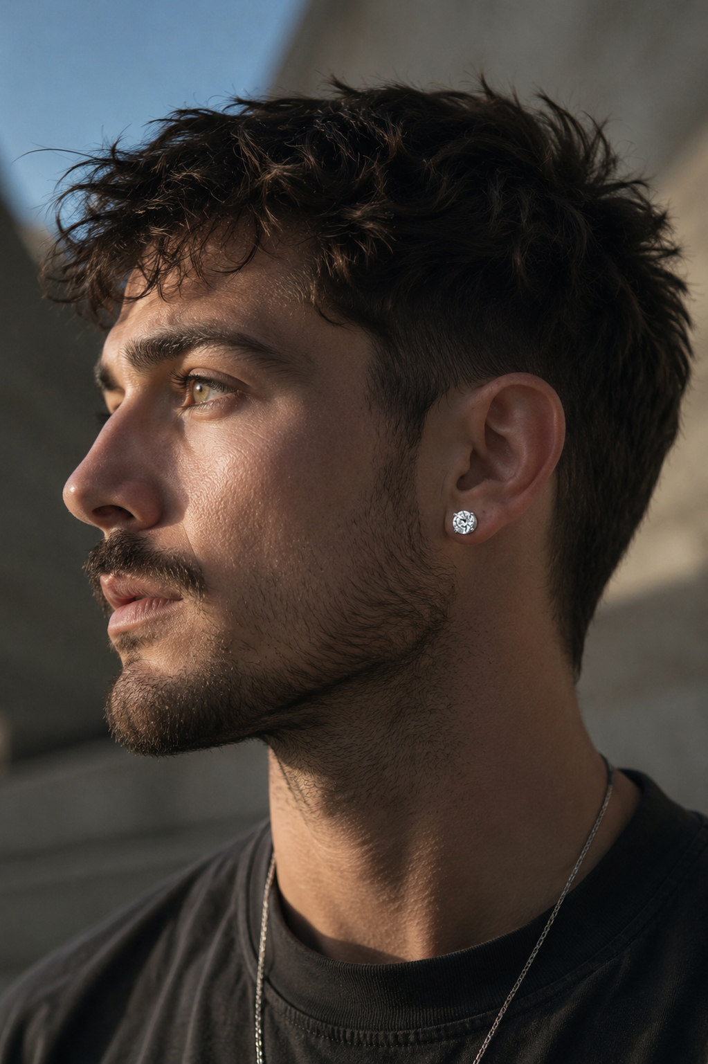 Men wearing round-cut silver stud earrings styled with a black T-shirt for a modern everyday jewelry look.