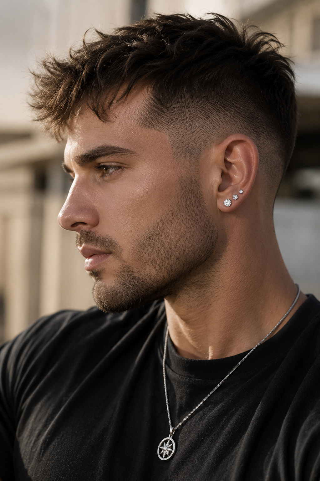 Man wearing three graduated silver-tone stud earrings for a clean modern men’s jewelry look.