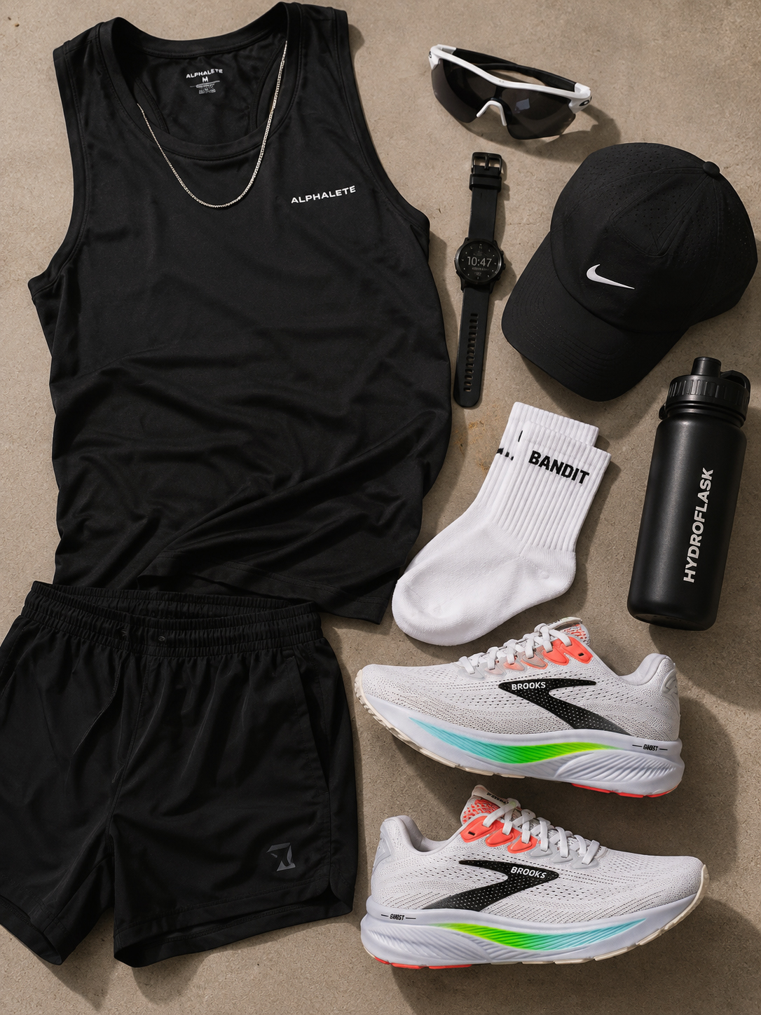 Brooks Ghost 17 men’s running shoes with black running shorts, tank top, sunglasses, sports watch, cap, socks and water bottle in a flat lay.
