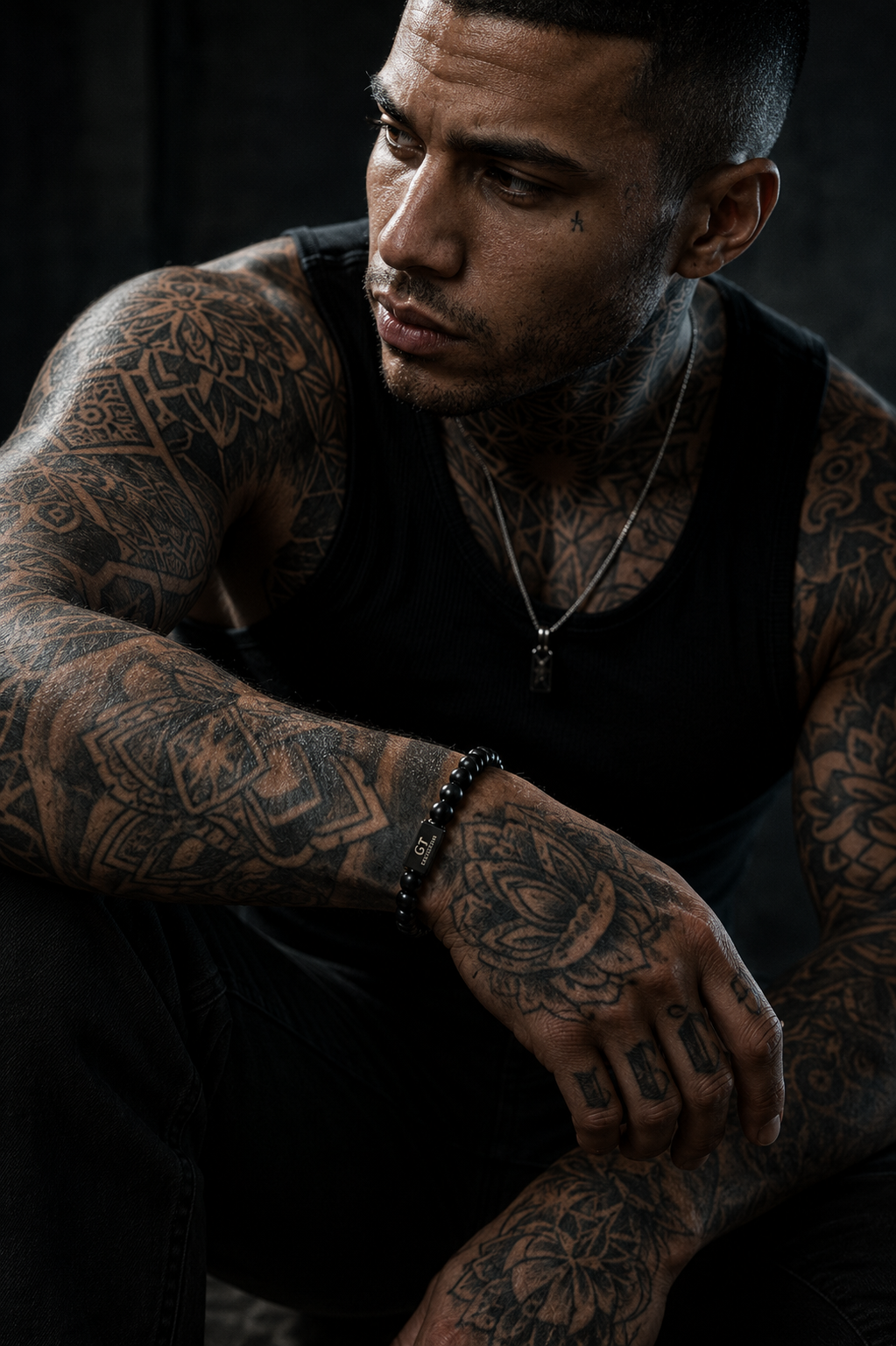 Seated tattooed man wearing a GT Collection black onyx bead bracelet in a moody black fashion outfit.