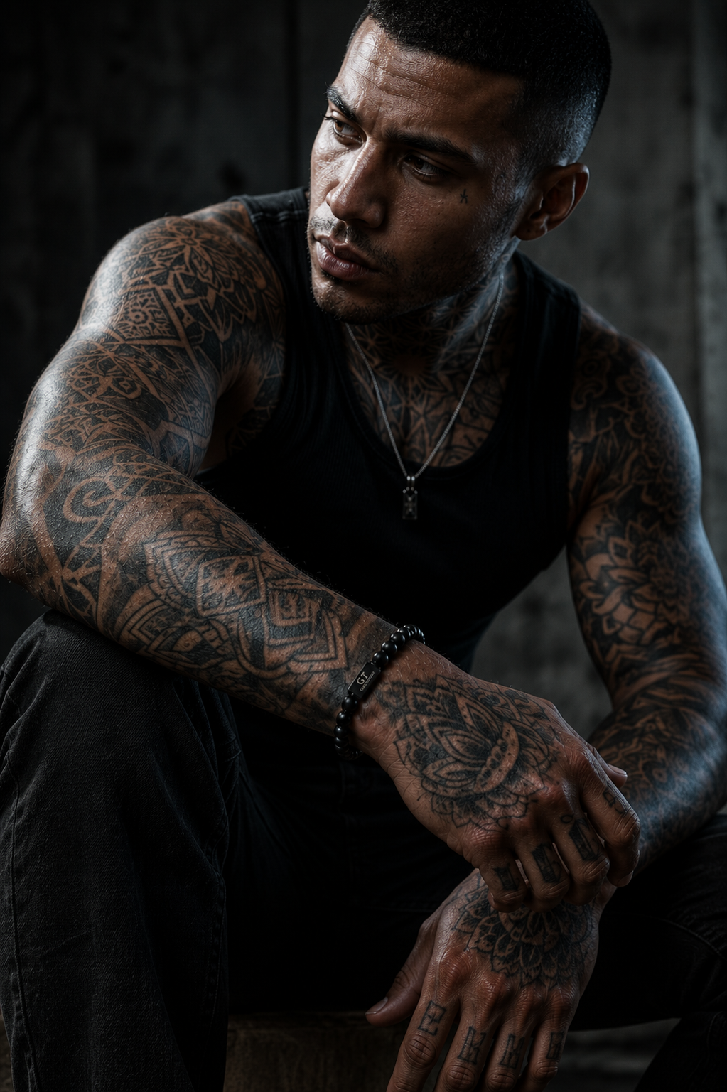 Seated tattooed man wearing a GT Collection black onyx bead bracelet in a moody black fashion outfit.