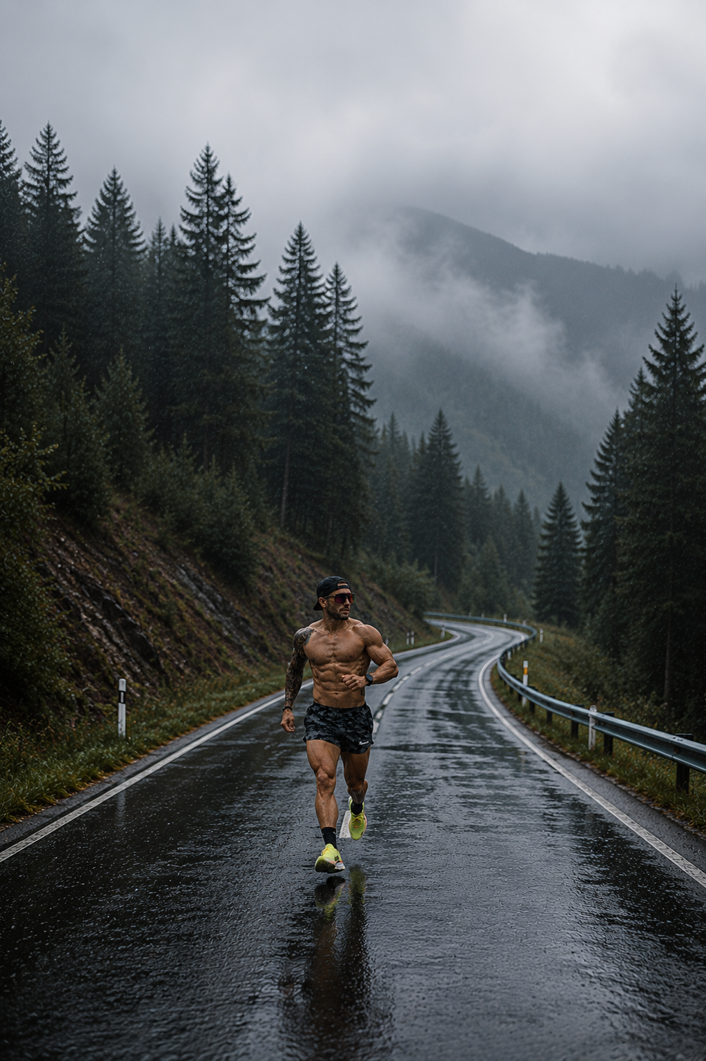 Distance runner wearing neon HOKA running shoes and men's running shorts on a wet mountain road surrounded by misty forest.