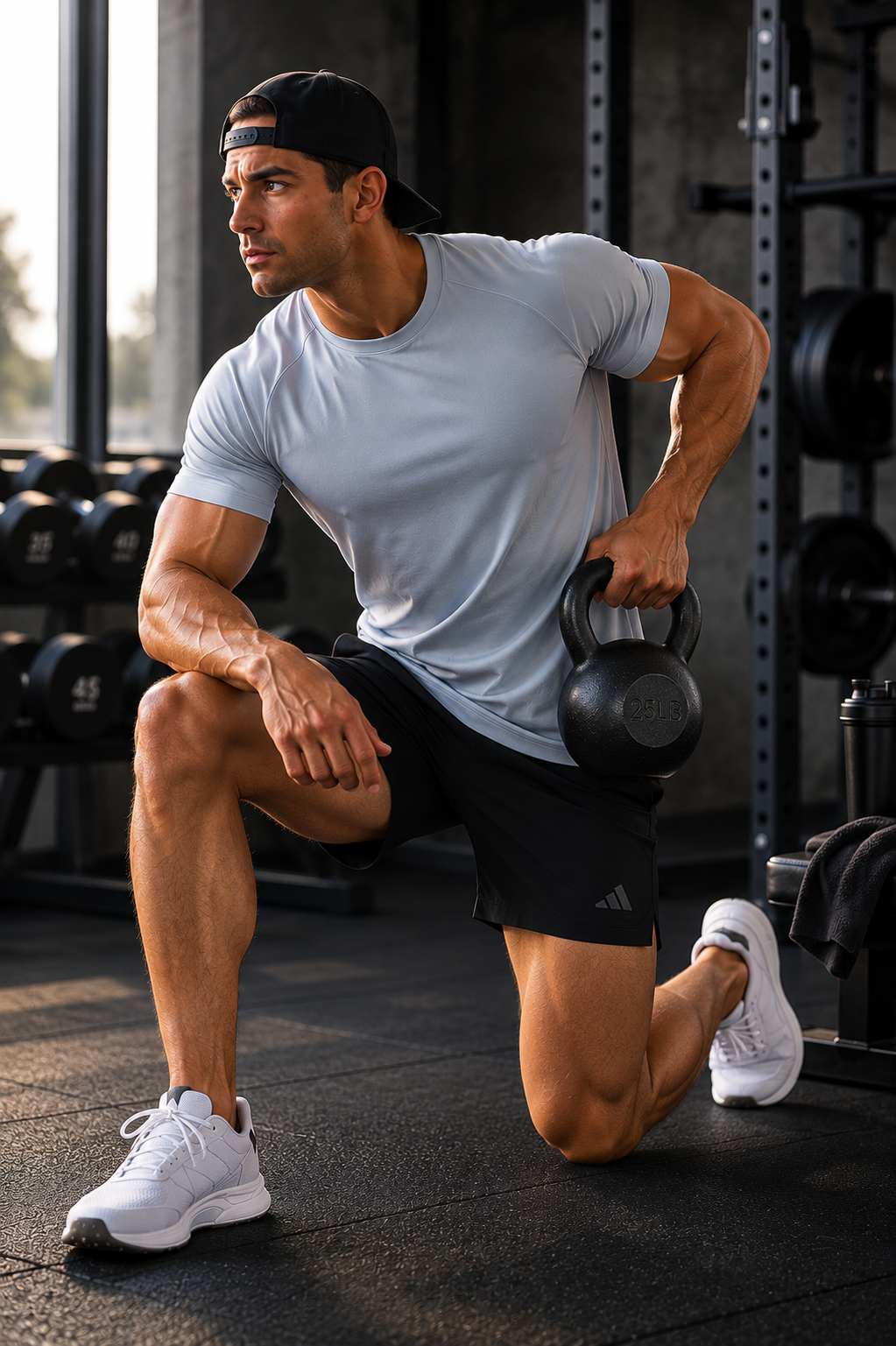 Muscular man wearing black athletic gym shorts during a strength-training session with a kettlebell.