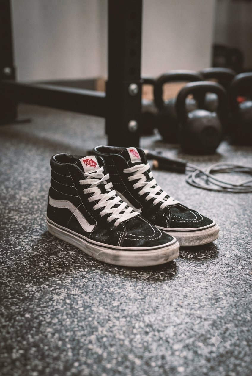 a cllose up of vans inn the gym