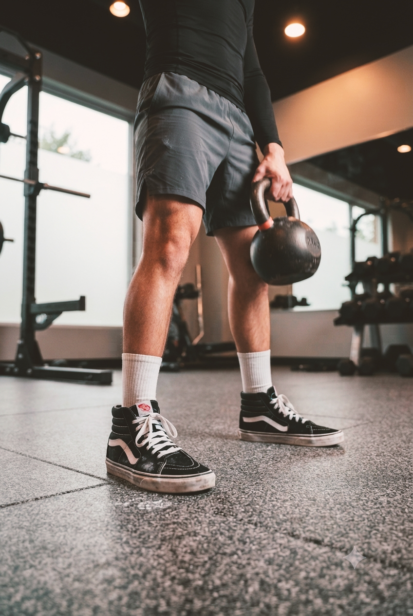 man doing kettle bell swings wearing black vans