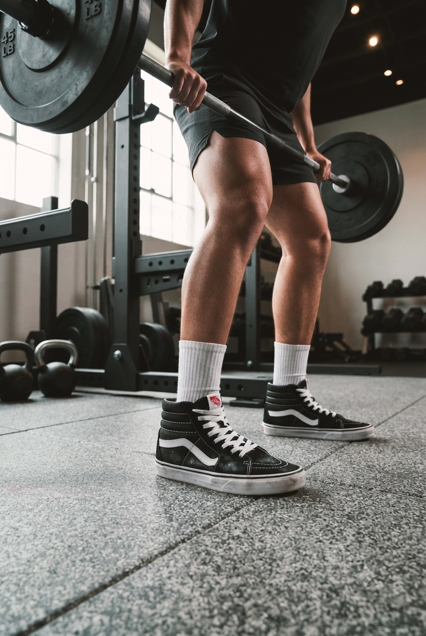 man squatting at gym wearing vans
