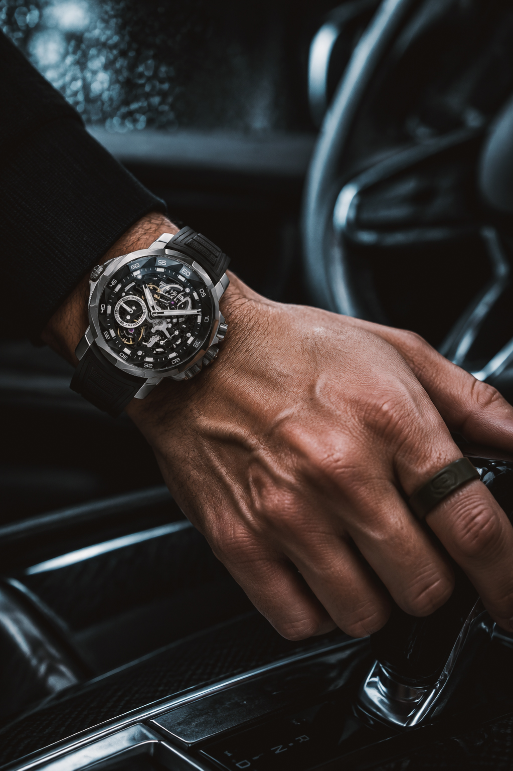 A close-up shot of a man's hand resting on a car gear shifter, wearing a luxury skeleton chronograph watch and a simple dark ring inside a modern vehicle.