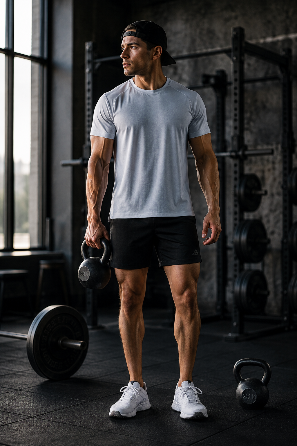Athletic man wearing black men's workout shorts while holding a kettlebell in an industrial-style gym.