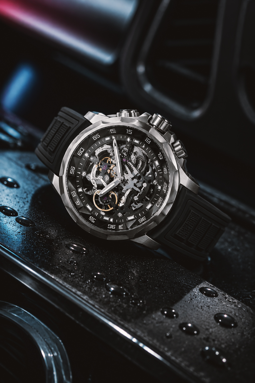 A close-up product shot of a luxury men's skeleton dial watch with a silver case and black band, resting on a dark, wet leather surface.