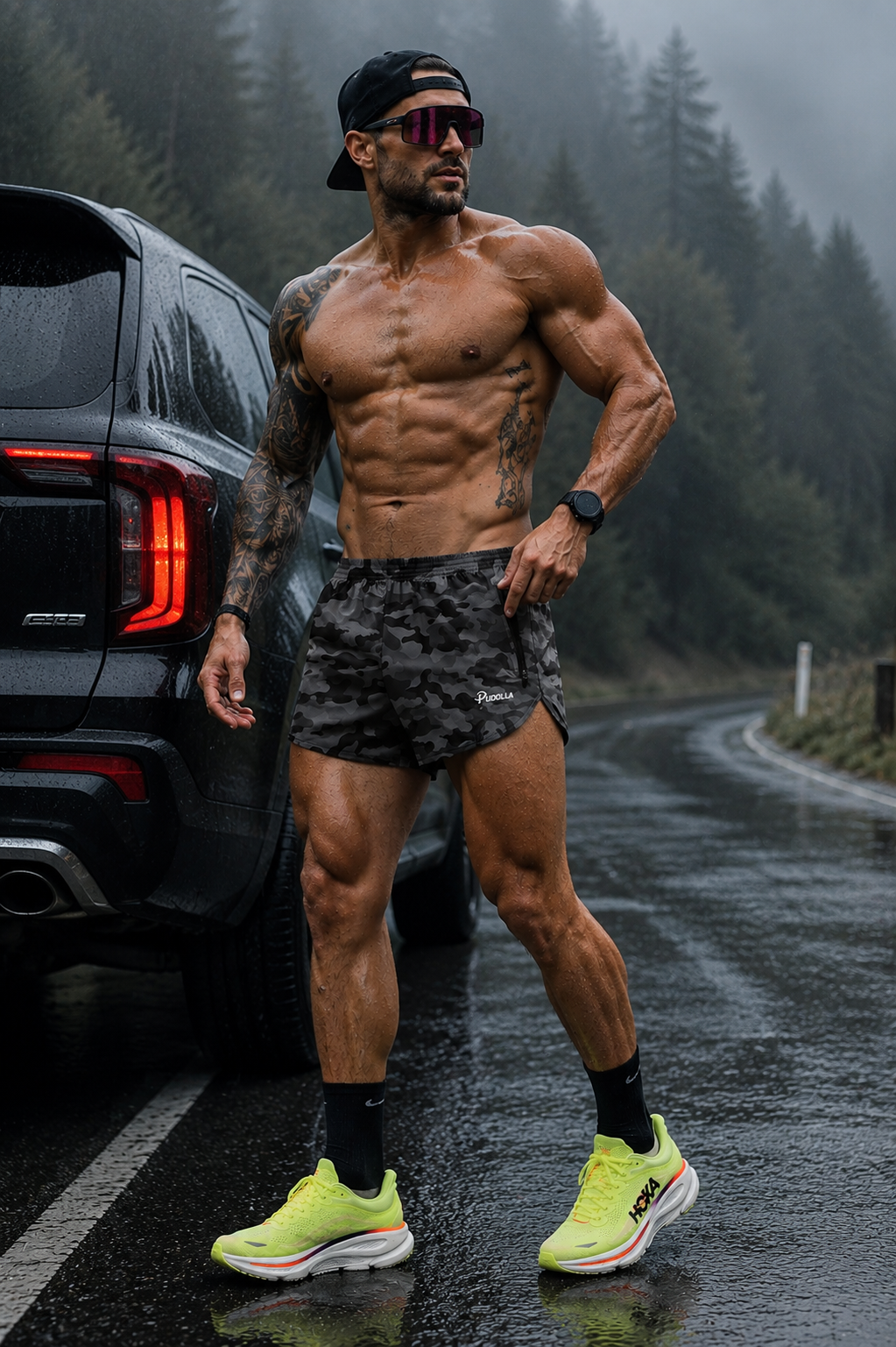 Male runner training on a wet road wearing neon HOKA running shoes, Oakley sports sunglasses and black camo Pudolla running shorts.