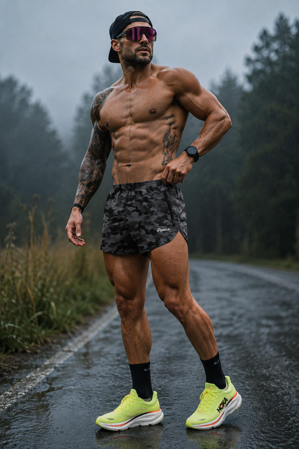 Male runner training on a wet road wearing neon HOKA running shoes, Oakley sports sunglasses and black camo Pudolla running shorts.