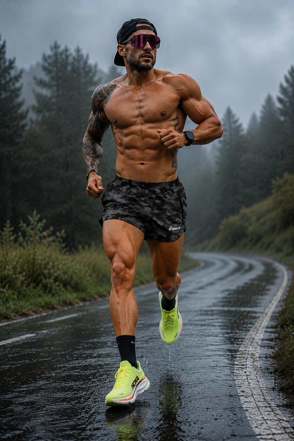 Distance runner wearing neon HOKA running shoes and men's running shorts on a wet mountain road surrounded by misty forest.