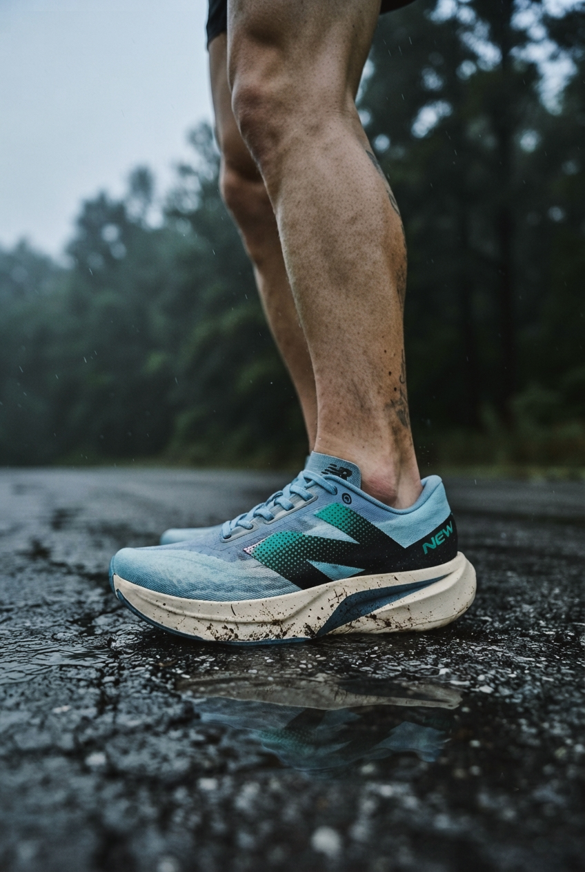 A runner's lower leg and foot wearing a light blue and cream running shoe with a splash of mud on the midsole, striding forward on a wet, rain-slicked asphalt path during a rainy day.