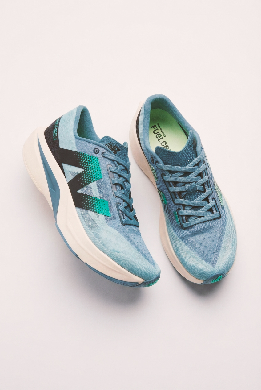A pair of blue and cream New Balance FuelCell Rebel v4 running shoes displayed from a top-down angle against a plain white background, showing their geometric side logos and cushioned midsoles.