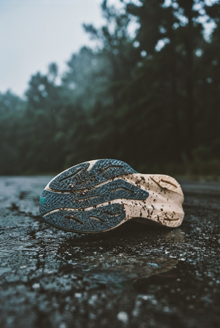 A single New Balance running shoe, showing its textured, mud-splattered blue and cream outsole, resting on a wet, dark asphalt path during a rainy day in the woods.