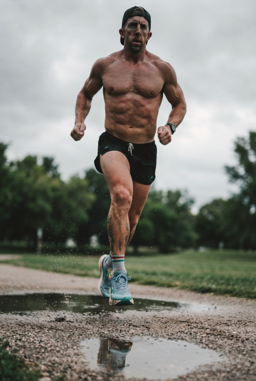 A shirtless male runner wearing a cap, black shorts, and blue running shoes sprinting directly toward the camera on a wet gravel path, splashing through a puddle with trees in the background.