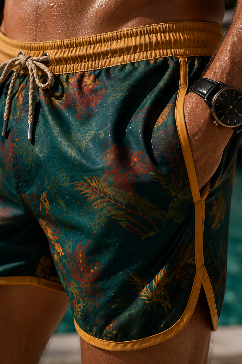CLOSE UP OF PATTERN SILK GREEN SHORTS