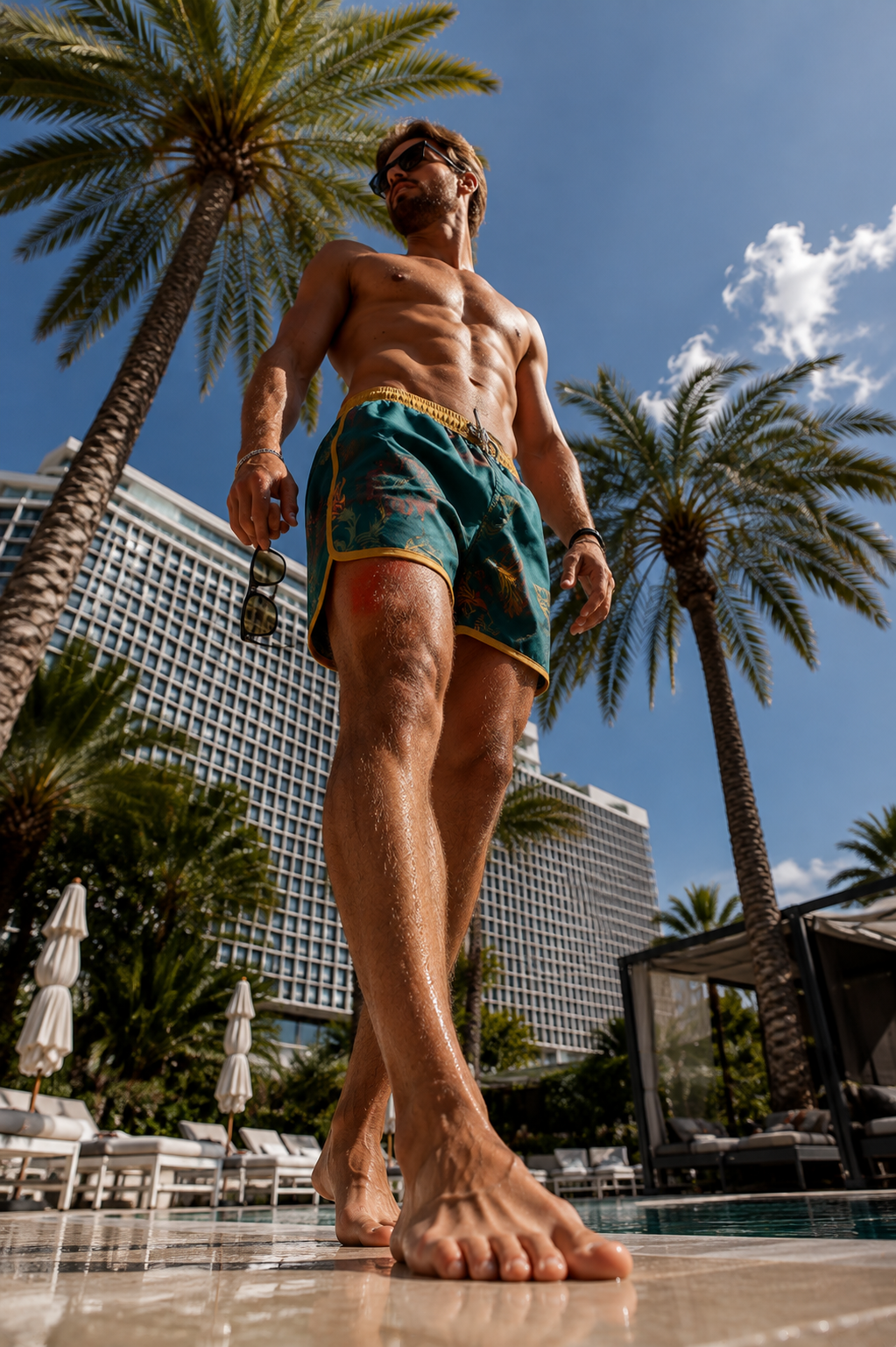 Low-angle fashion photo of a man wearing green tropical-print swim shorts and black sunglasses at a palm-lined luxury resort.
