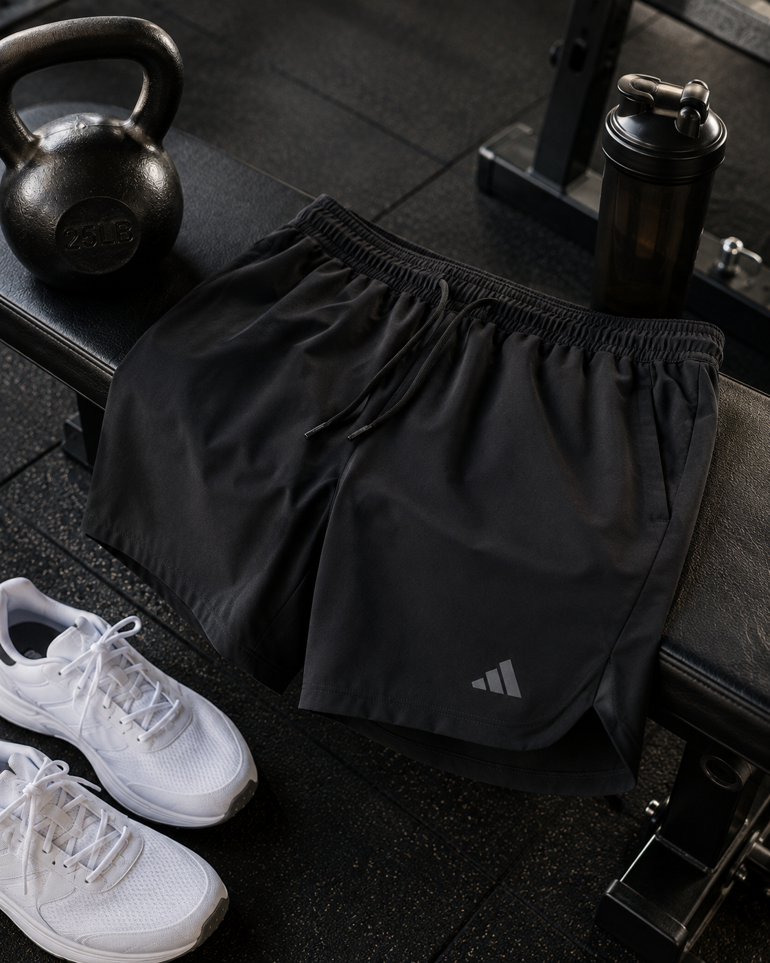 Black men's athletic workout shorts displayed with a kettlebell, shaker bottle, smartphone and gym towel.