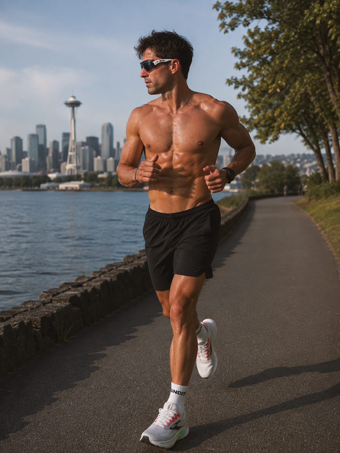 Male runner wearing Brooks Ghost 17 running shoes on a waterfront running path in Seattle.