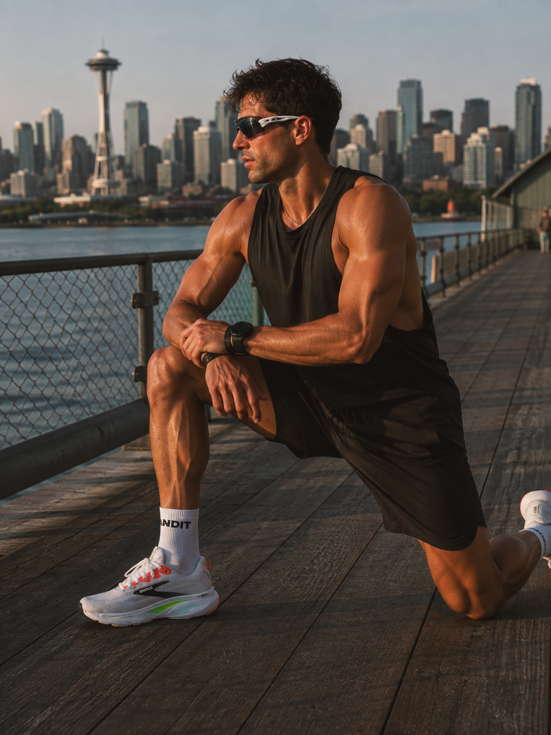 Male runner stretching in Brooks Ghost 17 running shoes on a Seattle waterfront with the Space Needle in the background.